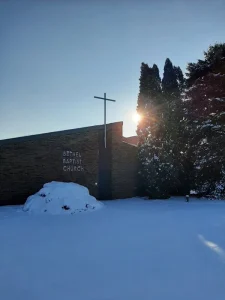 view of bethel baptist church words on building and cross